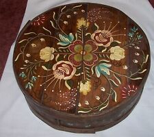 Vintage Round Wooden Cheese Box Hand Painted & padded Folk Art Floral 15” X 5.5” picture
