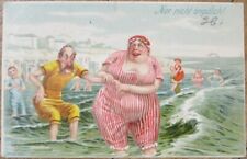 Risque 1902 Postcard, Fat Woman Thin Man in the Water Bathing Beauty Color Litho picture