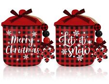 2Pcs Christmas Mini Ceramic Canister Red Black Plaid Xmas Mini Jar Holiday Ca... picture
