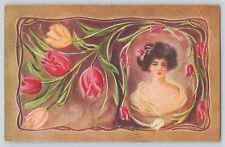 Postcard Schmucker Winsch Back Elegant Roses Flowers Young Maiden Woman 1911 picture