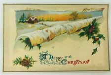 Vintage A Happy Christmas Embossed Postcard Bales of Hay Covered in Snow 1913 picture
