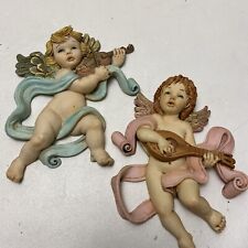Vintage Cherub Angel Musicians Set 6” Hand Painted Wall Art Ceramic Made Italy picture
