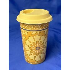 Longaberger Pottery ceramic travel coffee mug with lid Golden Fields floral picture