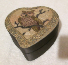 Vintage Heart Shaped Fabric Covered Trinket Jewelry BOX W OWL PEOPLES REPUBLIC picture