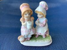 Vintage Lefton Figurine 80s Bonnet Girls Sisters Friends Tea Time Bisque Decal picture