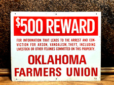 Vintage OKLAHOMA FARMERS UNION $500 REWARD Metal Farm SIGN  ~  Cattle Theft picture