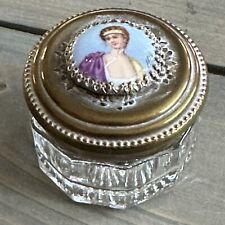 Antique Molded Glass Powder Jar With Signed Heinz Enamel Panel Brass Top picture