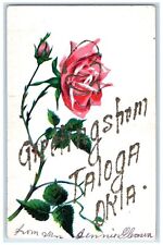 c1905 Greetings From Taloga Oklahoma OK, Pink Rose Glitter Antique Postcard picture