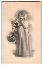 Pretty Little Girl Postcard Flowers In Basket c1910's Unposted Antique picture