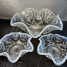 Antique 3 piece Dugan Jeweled Heart White Opalescent Pressed Glass Serving Bowls picture