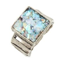 Roman Glass Ring Silver 925 Antique Square Fragment 200 BC Bluish Patina Size:7 picture