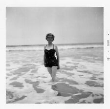 Vintage Photo Sexy Older Woman Swimsuit at Beach Posing Ocean Waves picture
