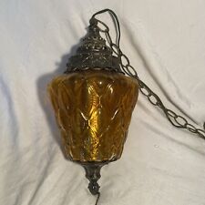 Vintage 1970's Hanging Swag Lamp Amber Quilt Globe Plug In picture