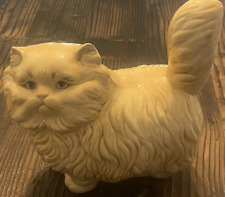 Vintage Ceramic Cat Persian Large Beige 10 Inch Blue Eyes Standing Statue Hollow picture