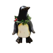 Resin Carved Penguin Figurine Holly Wreath 11 inch Jewel Eyes Christmas Holiday picture