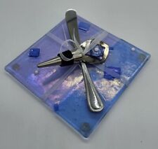 3pc Signed Dichroic Purple Blue Fused Glass Charcuterie Set Knife Bottle Stopper picture