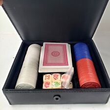 Vintage Poker Chips Set Complete Mini Travel Cards Dice Gamble Faux Leather Box. picture