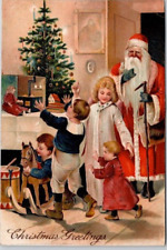1910 CHRISTMAS POSTCARD Santa w/Full Length Robe, Children, Gifts, Embossed picture