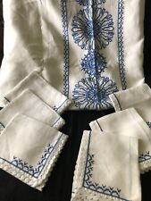 Stunning Vintage French Blue White Cross Stitch Linen Tablecloth 6 Napkins 5x6FT picture