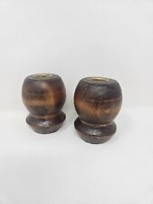 Pair Vintage Mid Century Modern Wood Brown Round Short Candlestick Holders picture