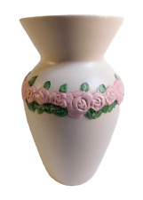 Vintage Art Pottery Ceramic Vase Raised Pink Rose Flowers Off White 8