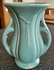 VTG McCoy Pottery Pedestal Urn Pale Turquoise Glossy Handled Vase Signed UNIQUE  picture