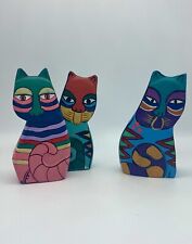 3 Laurel Burch Style Cats Hand Carved Painted Wooden Folk Art Figurines picture
