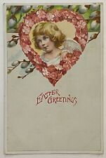 Antique Easter Greetings Angel Postcard Cotton & Flowers Posted Made in Germany picture