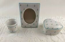 Vintage Ceramic Vanity Dresser Set Japan Blue Floral Design Heart Box 3 Pc  picture