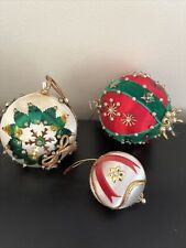 Vintage Ornate 3 Push Pin Beaded Christmas Ornaments 4” And 2.5” picture