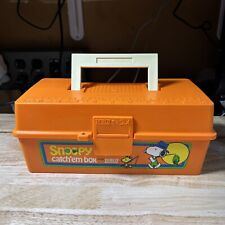 VINTAGE Snoopy Catch Em Kids Orange Tackle Box Woodstock Peanuts Fishing ZEBCO picture
