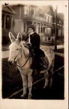Postcard Young Girl Riding Donkey w/University Blanket, Harvard/Arkansas RPPC Bg picture