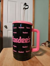 Vtg HARDEE'S 32 oz Plastic Travel Beverage Drink Cup Mug Pink & Black Fast Food picture