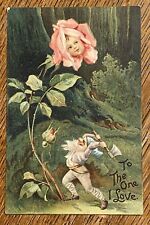 Fantasy FACE Flower ROSE Gnome ELF Valentine Antique Vtg 1907 Emb IAPC Postcard picture