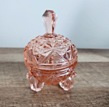 Vintage Pink Round Intricate Cut Glass dome lidded Trinket/Vanity Pot  Swan Feet picture