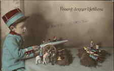WWI Little French Boy Plays with Toy Soldiers and Cannon Tinted Real Photo PC picture
