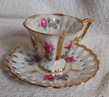 Vintage Royal Sealy Pedestal Teacup & Saucer Reticulated Iridescent Roses Gilt picture