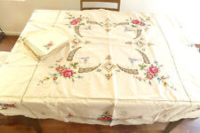 Vintage Embroidered Ivory Linen Round Table Cloth Lace Flowers Matching Napkins picture
