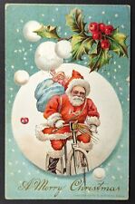 Vintage 1907 Christmas Santa on Bicycle Postcard picture