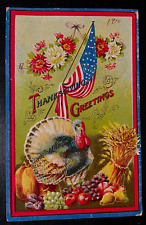 Vintage Victorian Postcard 1910 Patriotic Thanksgiving - American Flag & Turkey picture