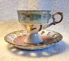 Beautiful Footed Vintage Pink & Green & White Demitasse & Saucer Made In Japan  picture