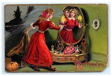 Tuck’s 150 Halloween Series Postcard Woman Mirror Reflection Black Cat C7 picture