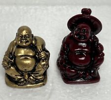 (2) Happy Buddha Figurine Gold Red Resin Statue Monk Figures Lot of 2 Hat picture