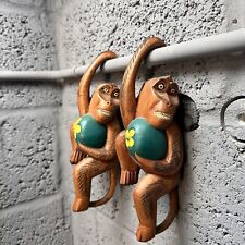 Vtg Pair Hand Carved & Painted Wooden Hanging Monkeys w/ Fruit Yard Art Cute picture