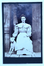 1890S CABINET PHOTO...LADY SITTING ON PORCH POSING WITH WHITE DOG, W. VIRGINIA? picture