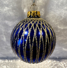Vintage 1970s Rare Blue with Gold Glitter Glass Christmas Ornament 2.5