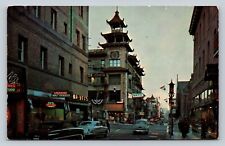 c1954 Chinatown at Night Classic Cars San Fran CA Nice Msg VINTAGE Postcard picture