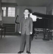 Vintage Photo 1950s Boy Kid Suit Tie Piano Black White Inside House 3.5” picture