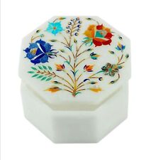 Octagon White Marble Jewelry Box Multicolor Gemstone Inlay Work Paint Brush Box picture
