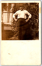 Man with Long Curly Mustache, Overalls, Flat Cap Portrait - Vintage Postcard picture